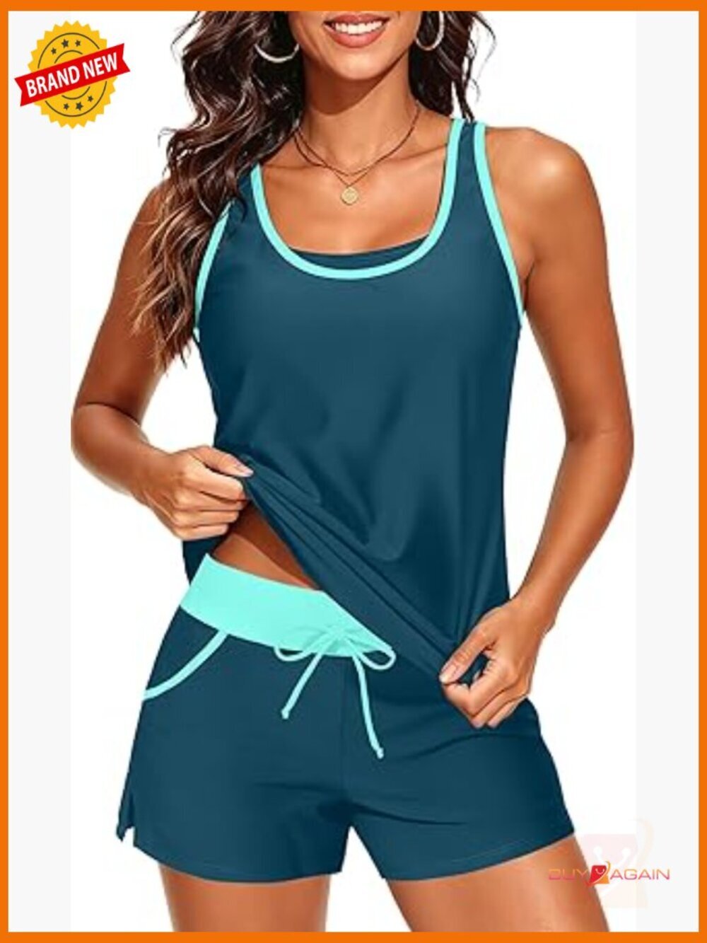 3 Piece Tankini Set with Blouson Top and Swim Shorts - Tummy Control UPF 15